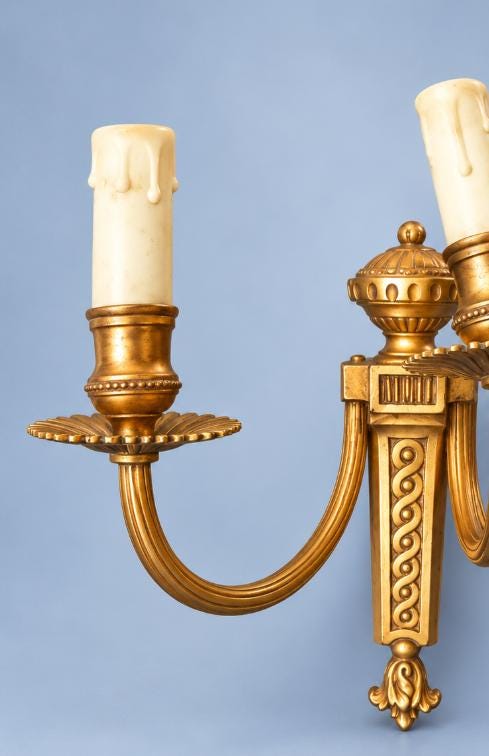 Pair of Small Gilt Louis XVI Style Two-Arm Wall Sconces with Urn Finial, Vintage