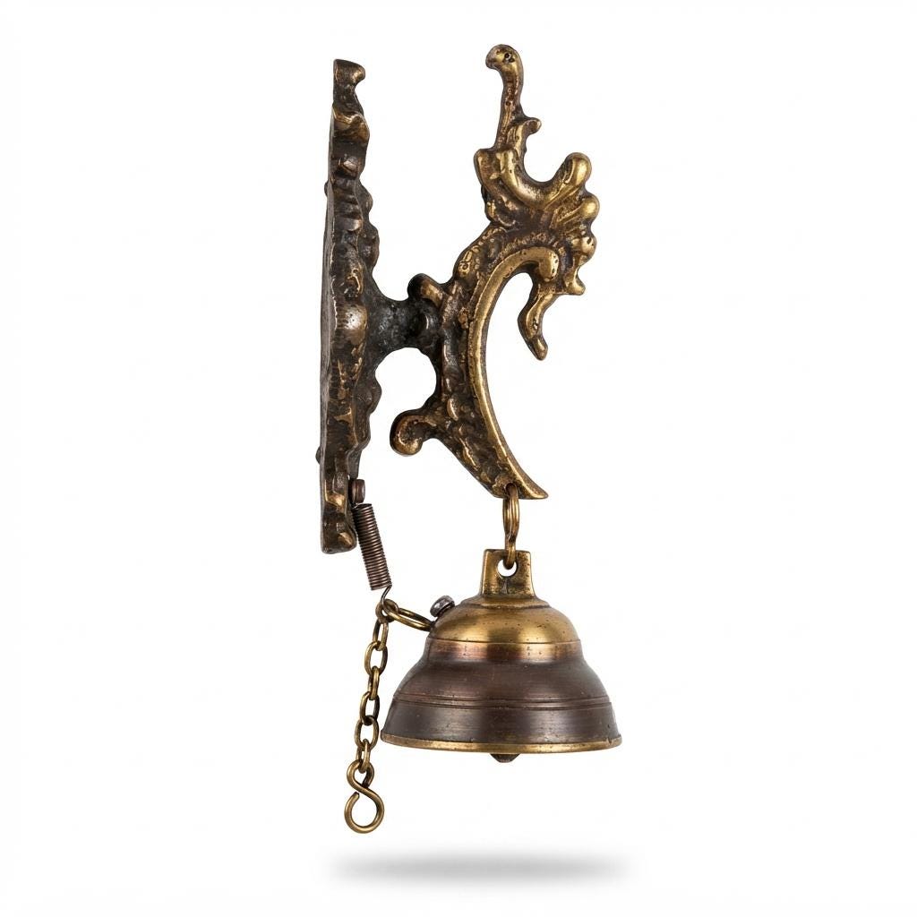 Brass Wall Mounted Door Bell with Rococo Bracket and Pull Chain, Vintage