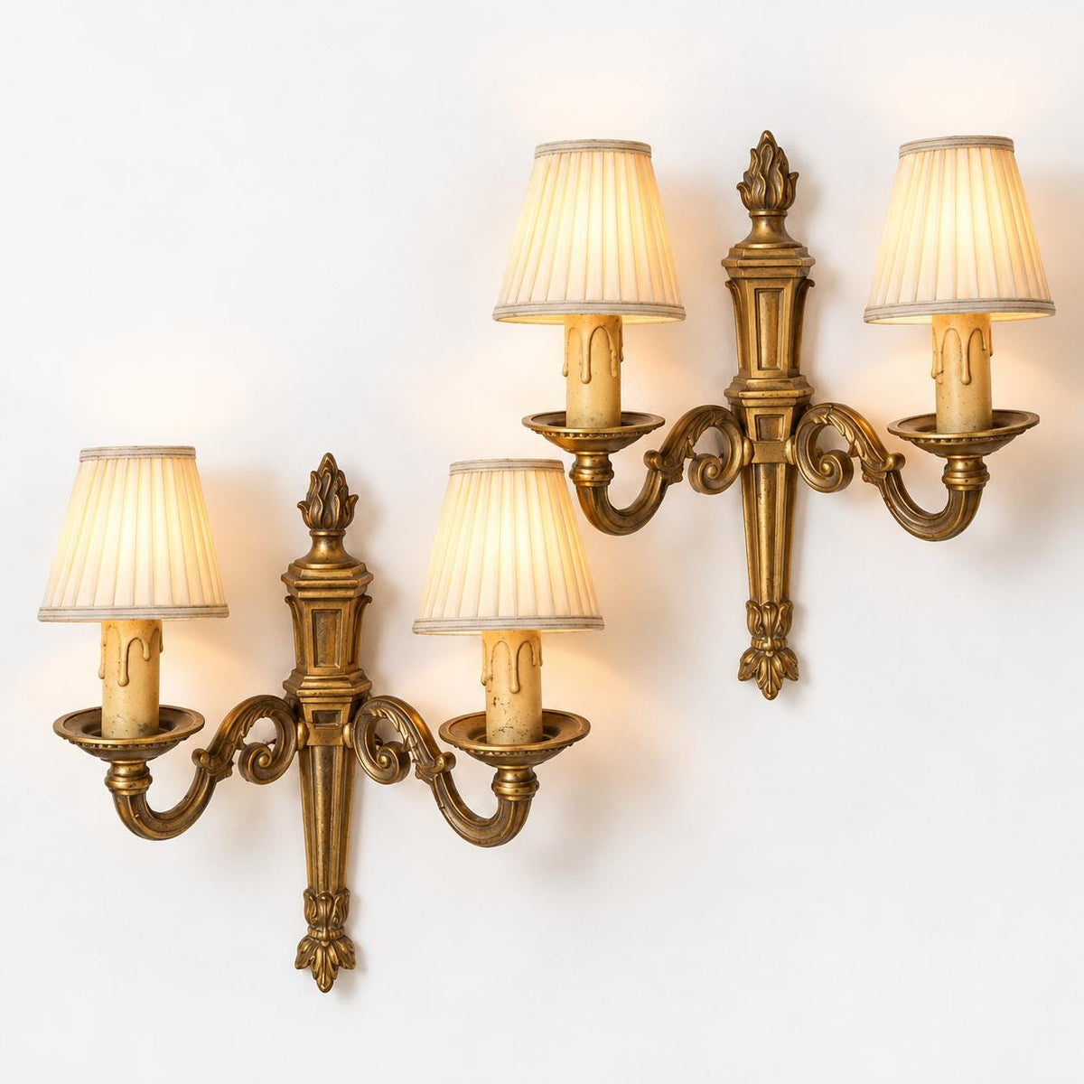 Pair of Vintage Louis XVI Style Bronze Two-Arm Wall Sconces, Neoclassical Torch and Flame Design Candle Lights for Hallway or Bedroom