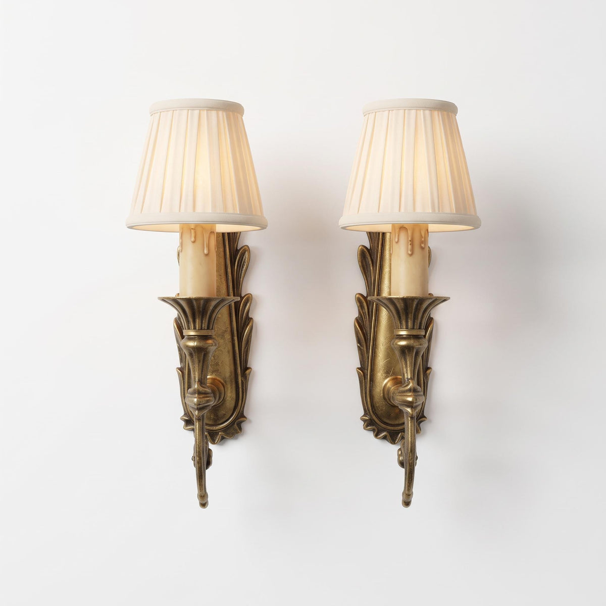 Pair of Vintage Empire Style Brass Wall Sconces with Feather Plume Backplates, Single Candle Lights for Living Room, Bedroom or Hallway