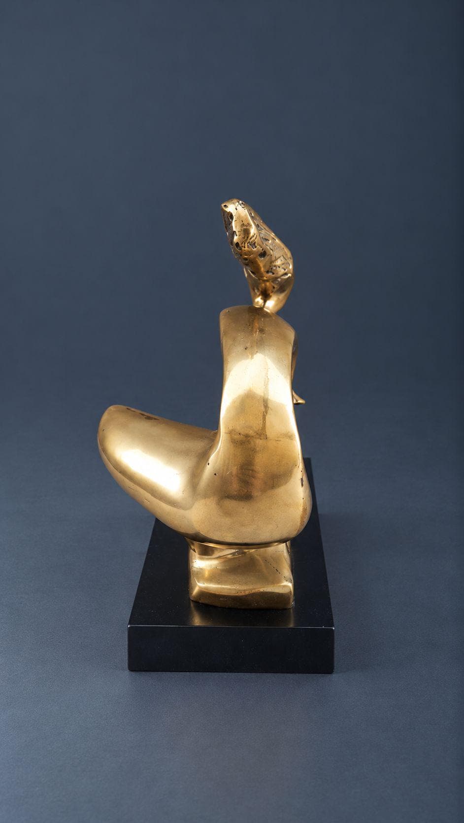 Vintage Modernist Brass or Bronze Sculpture, Stylized Woman Releasing a Dove on Black Wood Base, Peace Symbol Art Decor