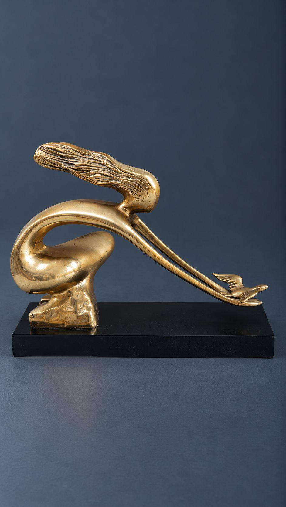 Vintage Modernist Brass or Bronze Sculpture, Stylized Woman Releasing a Dove on Black Wood Base, Peace Symbol Art Decor