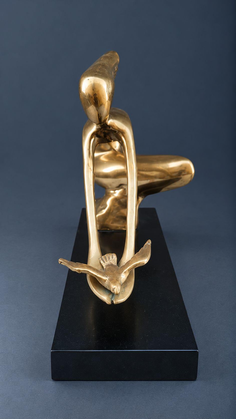 Vintage Modernist Brass or Bronze Sculpture, Stylized Woman Releasing a Dove on Black Wood Base, Peace Symbol Art Decor