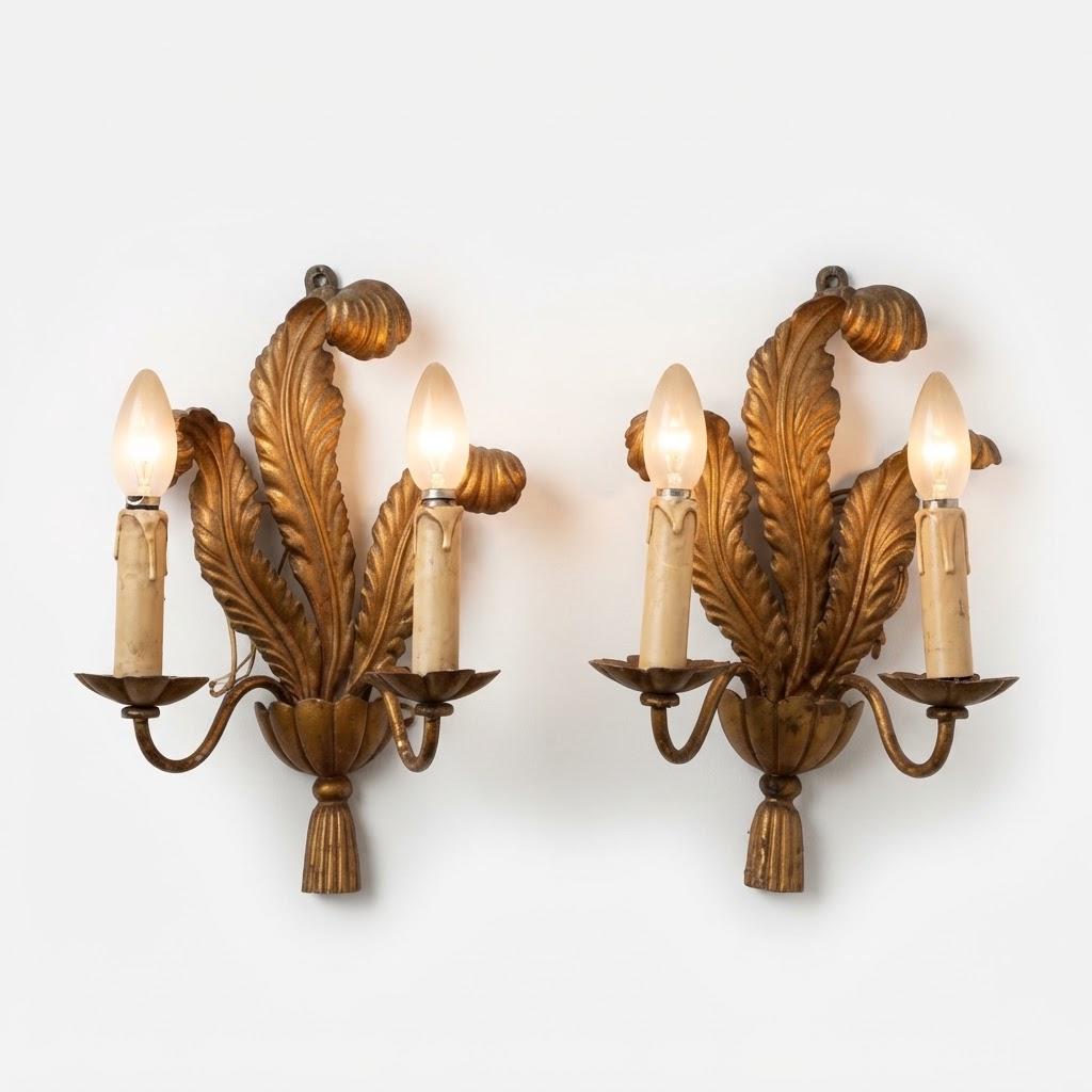 Pair of Vintage 1950s Venetian Style Gilt Metal Wall Sconces, Two-Arm Feather Leaf and Tassel Design, Hollywood Regency Candle Lights