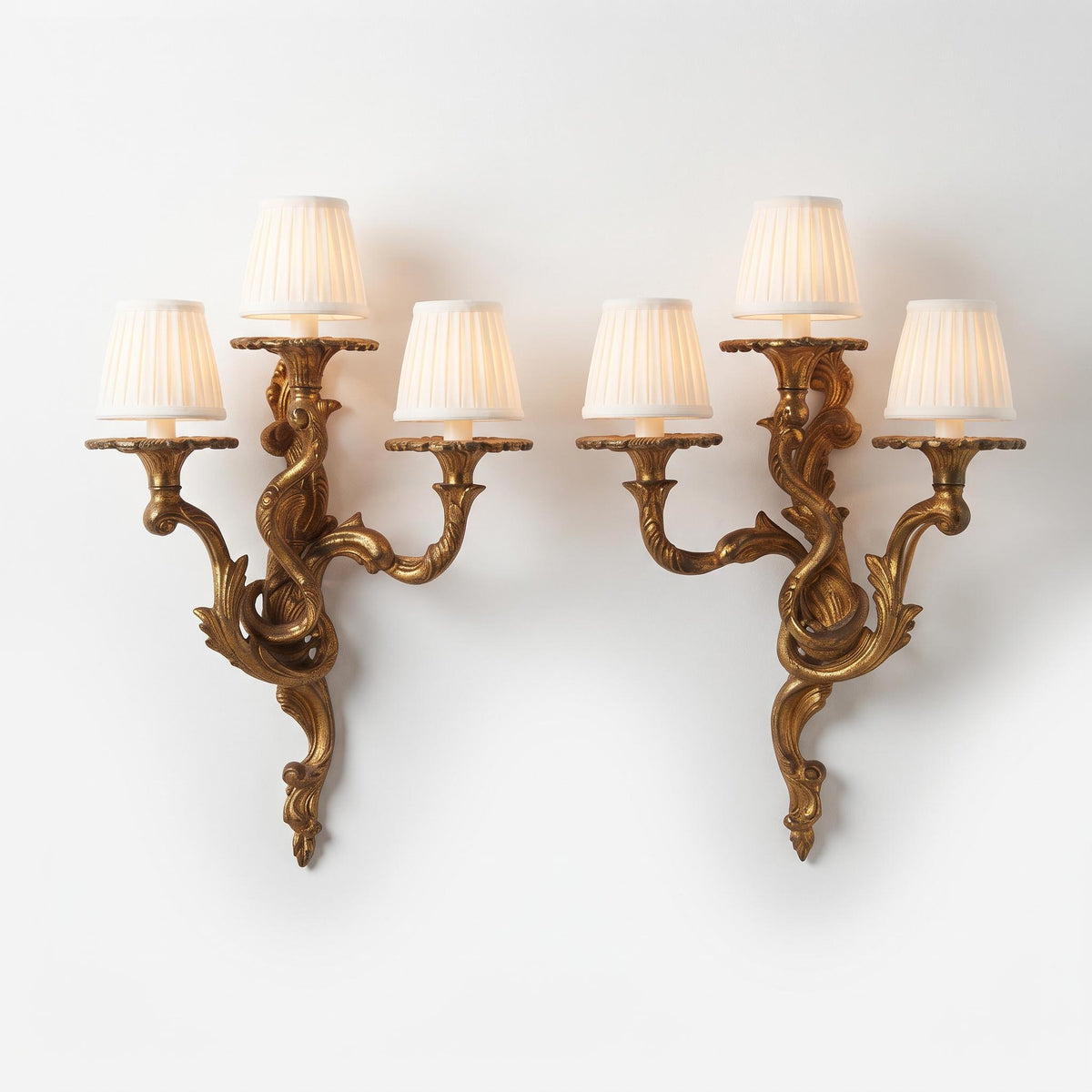 Pair of Vintage Louis XV Style Three-Arm Wall Sconces, Gilt Bronze Finish Rococo Rocaille Candle Lights with Entwined Arms