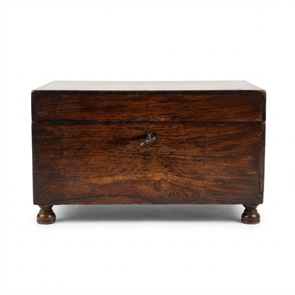 Antique Style Rosewood Tea Caddy on Bun Feet, Fitted Interior with Lidded Compartment, Working Lock and Key, Keepsake Box