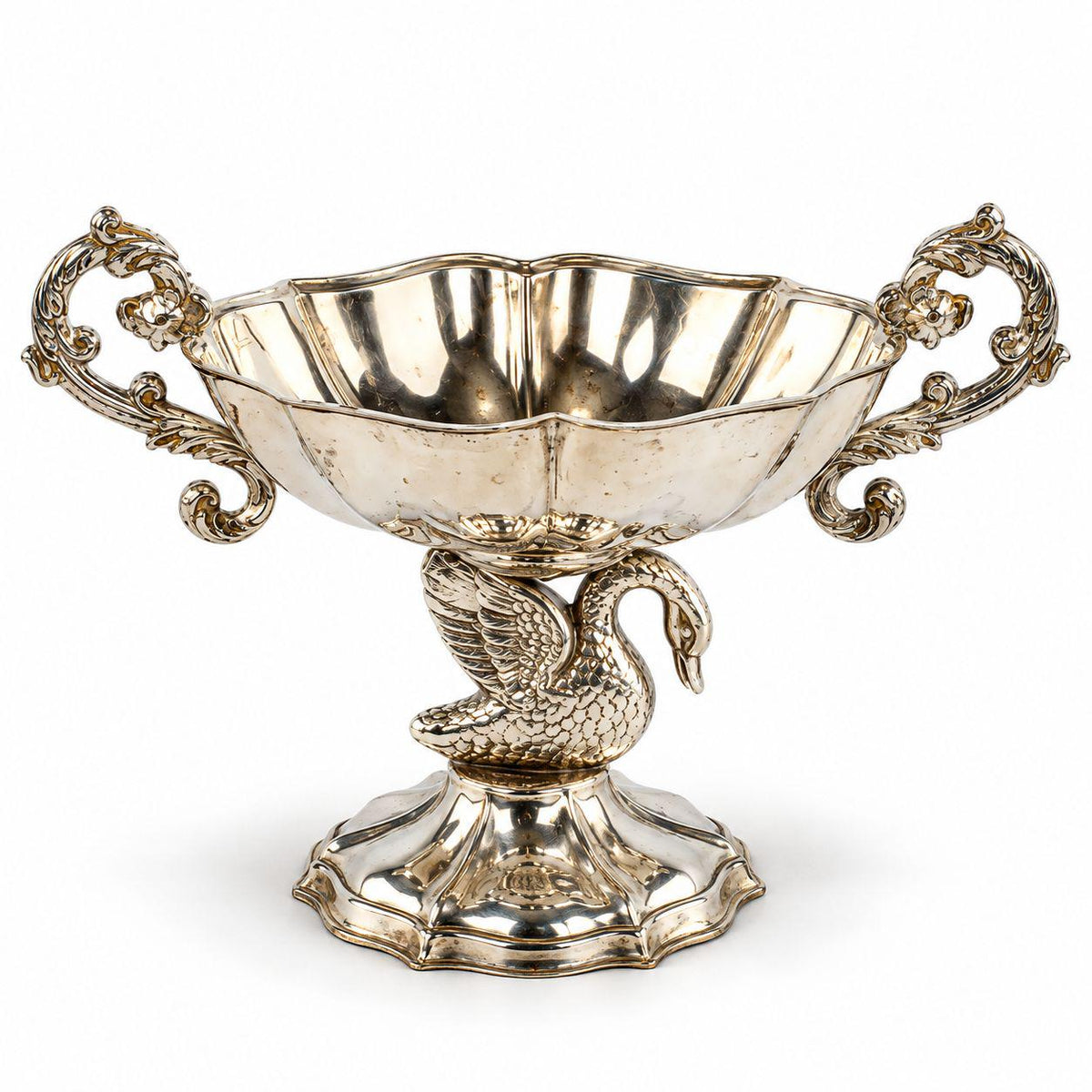 Vintage Silver-Tone Swan Pedestal Bowl, Two-Handled Footed Salt or Bonbon Dish with Scroll Handles and Scalloped Base
