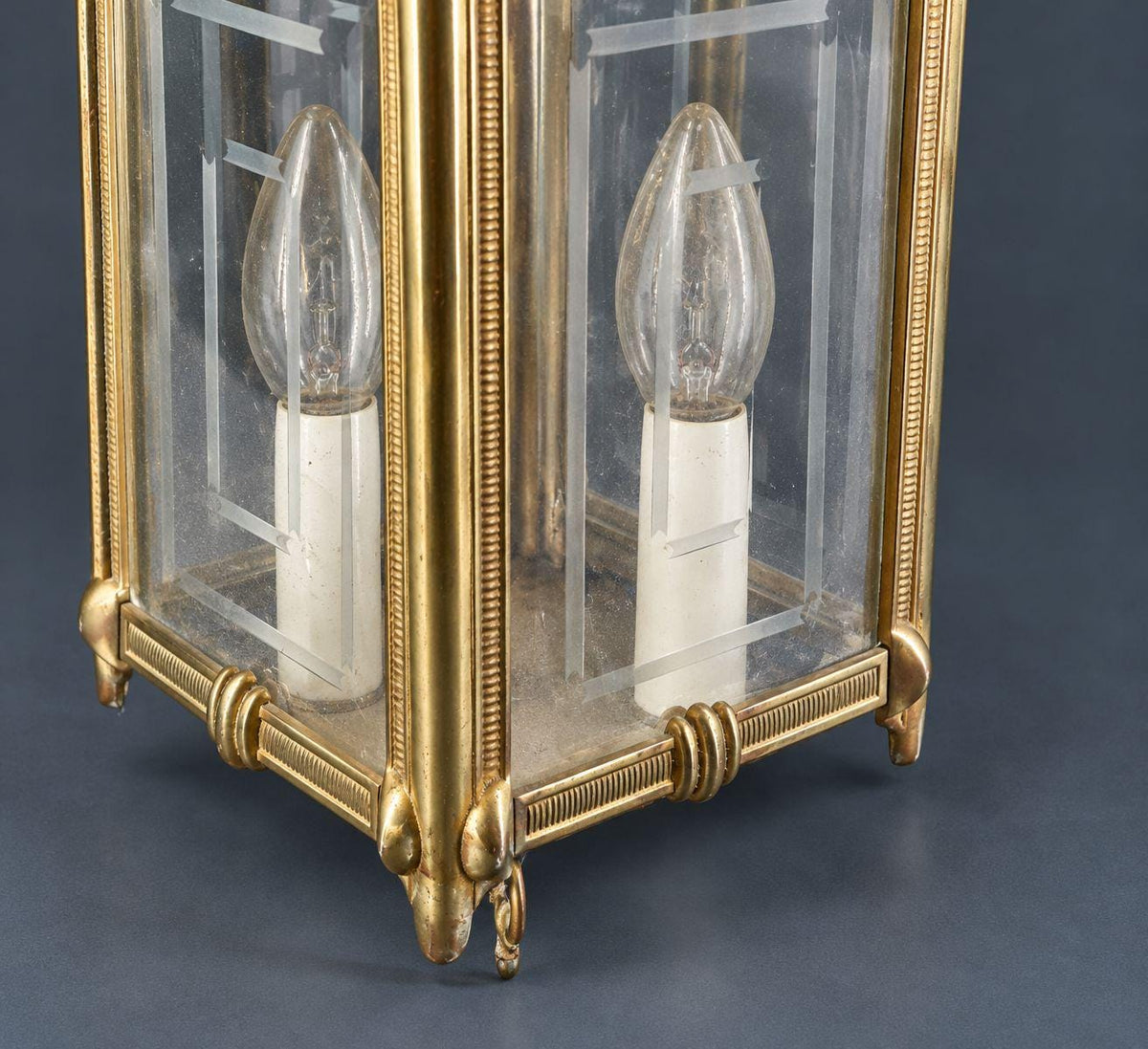 Vintage Louis XVI Style Bronze and Glass Hall Lantern, Two-Light Square Pendant with Etched Panes, Reeded Frame and Ribbon Bow