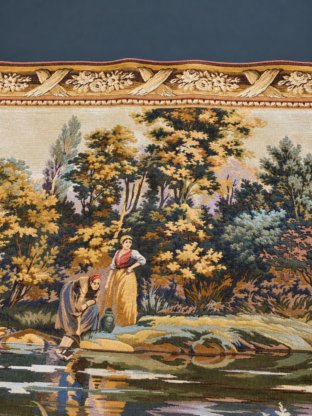 Vintage Flemish Woven Jacquard Wall Tapestry, Washerwoman by a River Landscape with Rose Ribbon Border, 61 x 45 Inches
