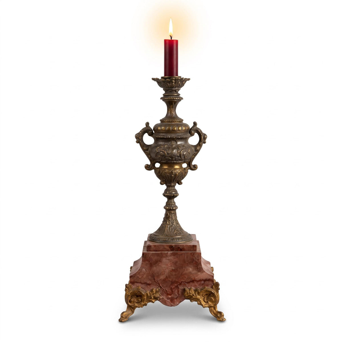 Vintage Napoleon III Style Patinated Metal Candlestick on Red Marble Base with Gilt Feet, Twin-Handled Urn Stem, Mantel Garniture