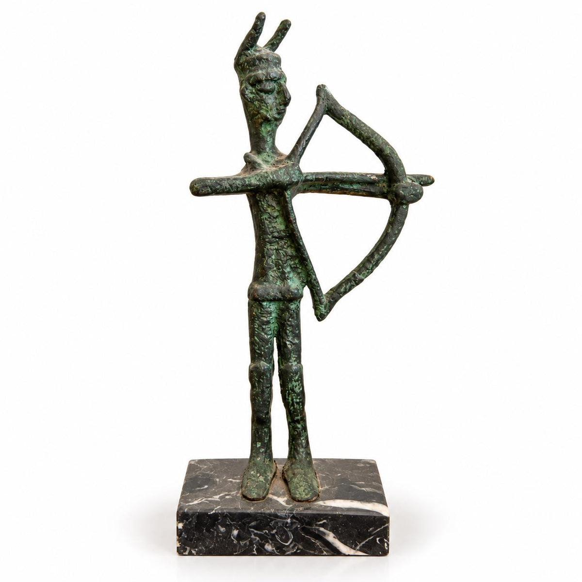 Vintage 1960s–70s Bronze Sardinian Archer Sculpture on Black Marble Base, Nuragic Bronzetto Style Warrior with Bow, Mid-Century Decor