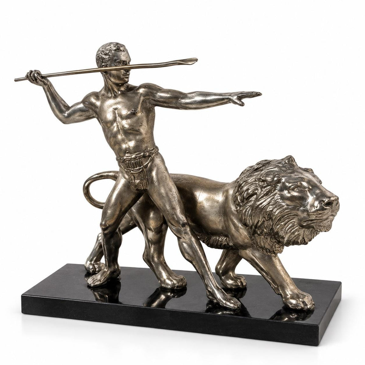 Vintage Art Deco Silver-Tone Metal Warrior with Spear and Lion Sculpture on Black Marble Base, Hunter and Lion Statue, Mantel Decor