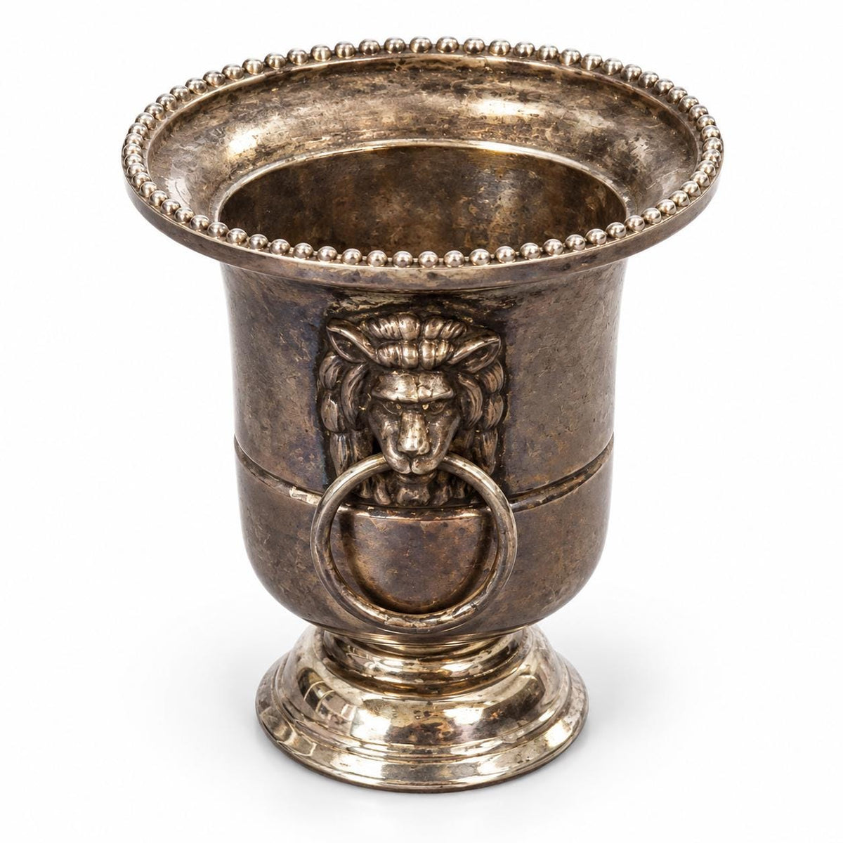 Vintage Silver-Plated Miniature Champagne Bucket with Lion Head Ring Handles, Small Toothpick or Bud Vase Holder, Barware Decor