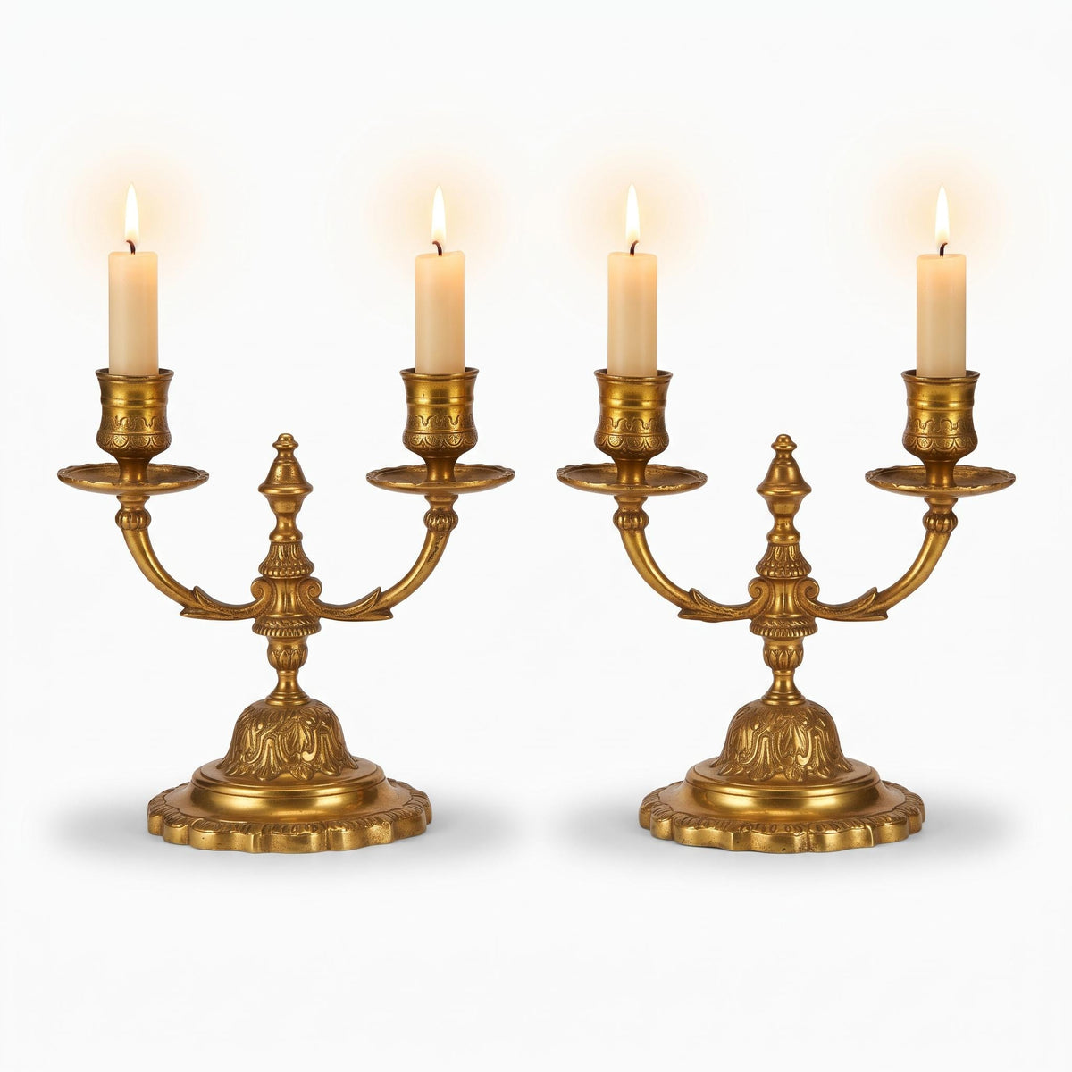 Pair of Vintage Gilt Brass Two-Arm Candelabra with Urn Finial, Louis XV Style Candle Holders on Lobed Bases, Mantel or Table Decor
