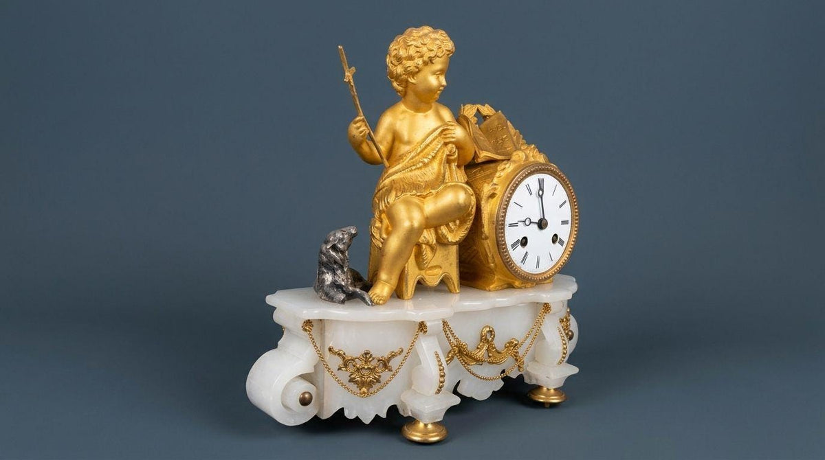Antique Gilt Figural Mantel Clock on Alabaster Base, Young Saint John the Baptist with Cross and Lamb, Striking, circa 1855