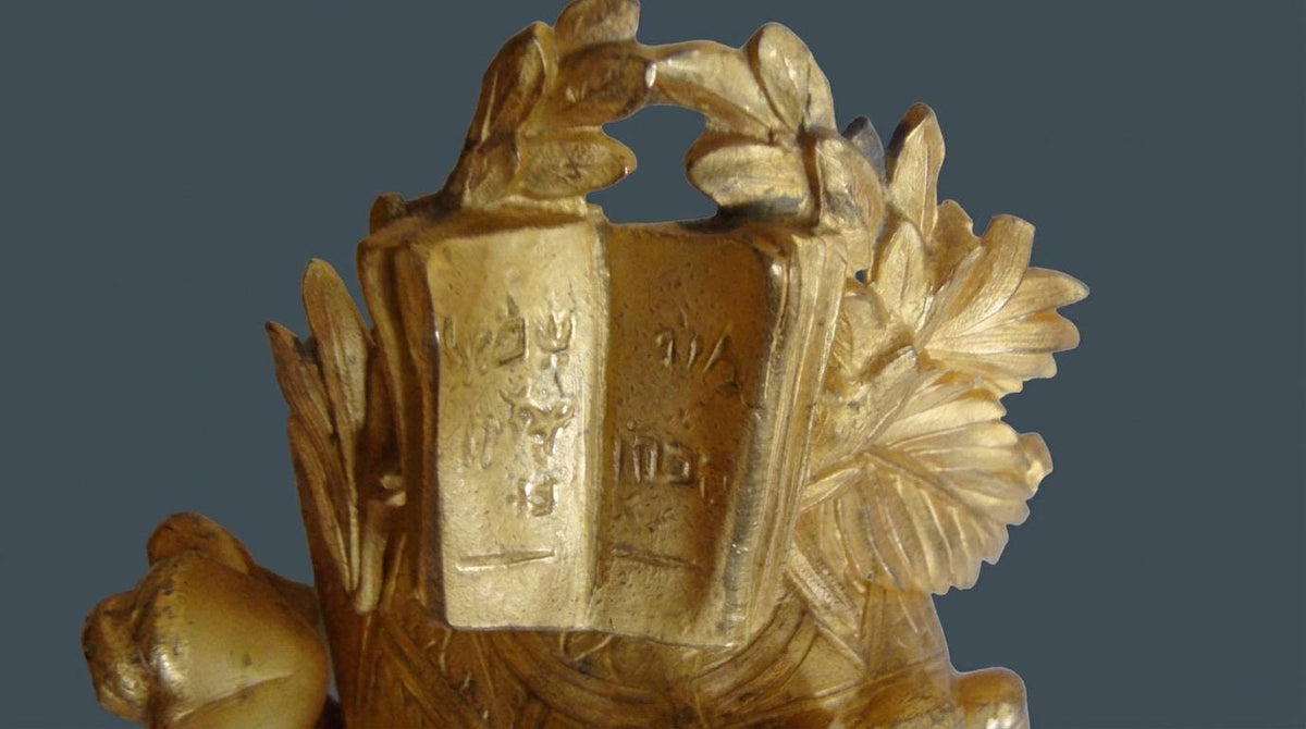 Antique Gilt Figural Mantel Clock on Alabaster Base, Young Saint John the Baptist with Cross and Lamb, Striking, circa 1855