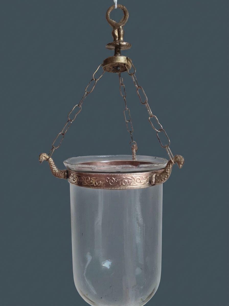 Antique Hand-Blown Glass Bell Jar Hanging Lantern, Embossed Copper Band with Bird Head Hooks and Chains, Candle Hurricane