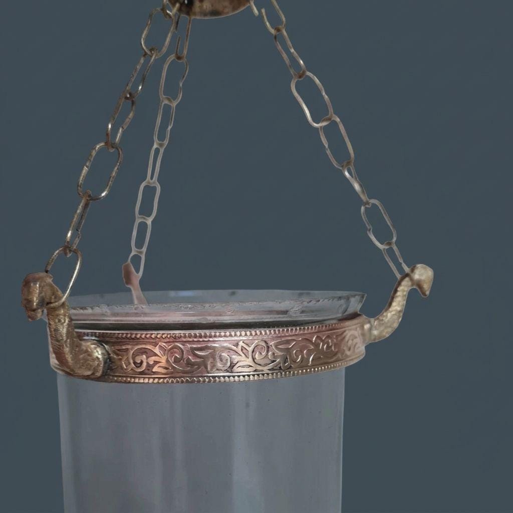 Antique Hand-Blown Glass Bell Jar Hanging Lantern, Embossed Copper Band with Bird Head Hooks and Chains, Candle Hurricane