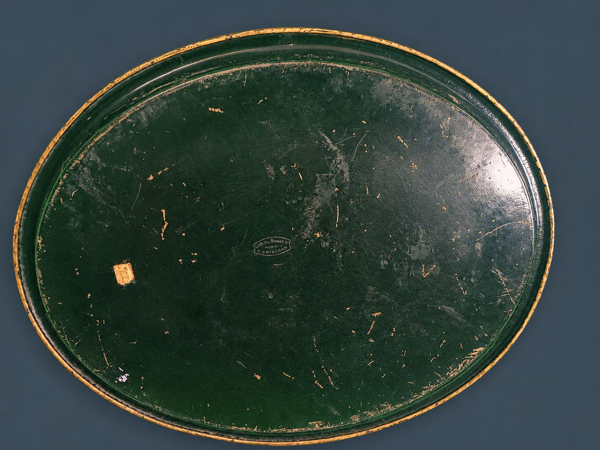 Antique Napoleon III Painted Tole Tray, Large Oval Black Toleware with Gilt Border and Swan Lake Landscape Cartouche