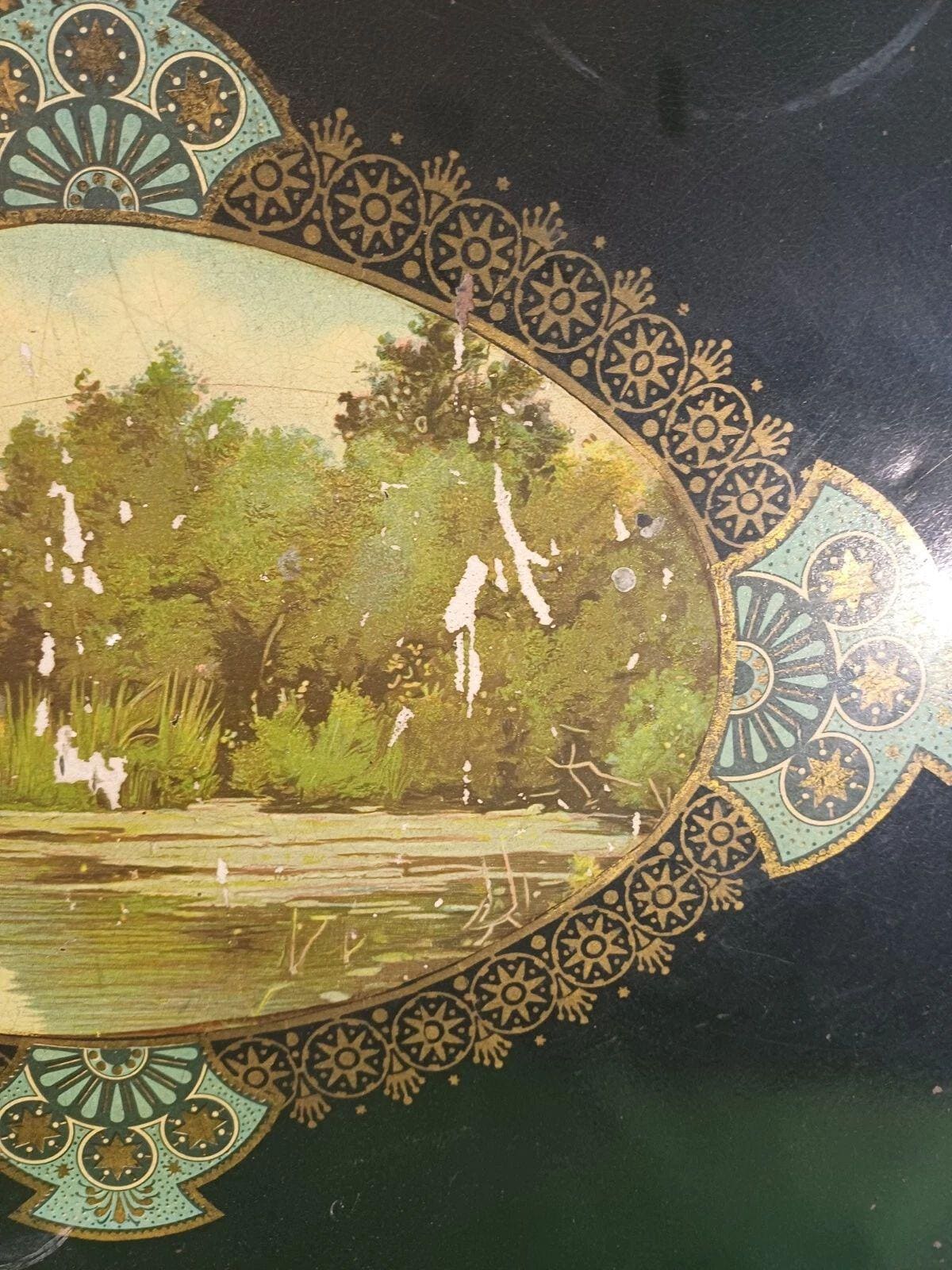 Antique Napoleon III Painted Tole Tray, Large Oval Black Toleware with Gilt Border and Swan Lake Landscape Cartouche