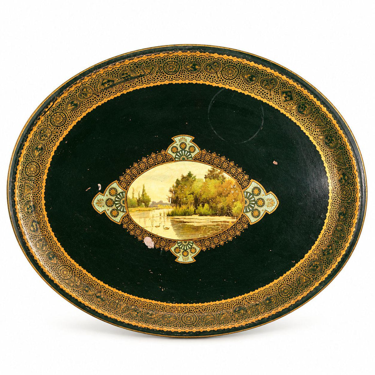Antique Napoleon III Painted Tole Tray, Large Oval Black Toleware with Gilt Border and Swan Lake Landscape Cartouche