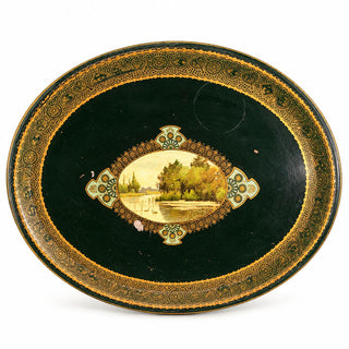 Antique Napoleon III Painted Tole Tray, Large Oval Black Toleware with Gilt Border and Swan Lake Landscape Cartouche