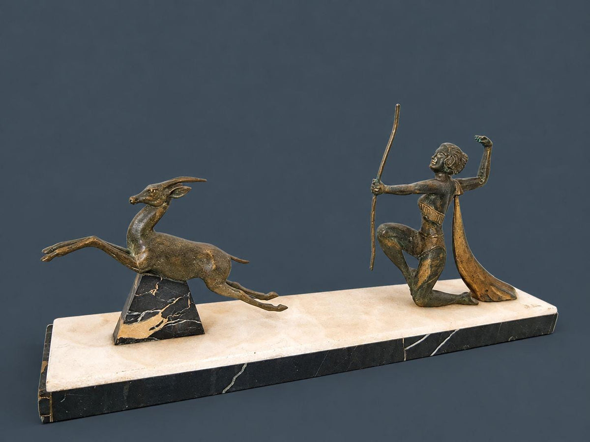 Vintage 1930s Art Deco Diana the Huntress Sculpture with Leaping Gazelle, Spelter on Marble and Onyx Base, Dog Show Trophy