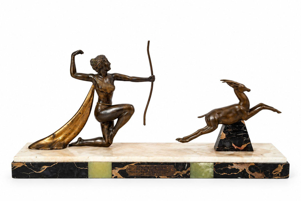 Vintage 1930s Art Deco Diana the Huntress Sculpture with Leaping Gazelle, Spelter on Marble and Onyx Base, Dog Show Trophy