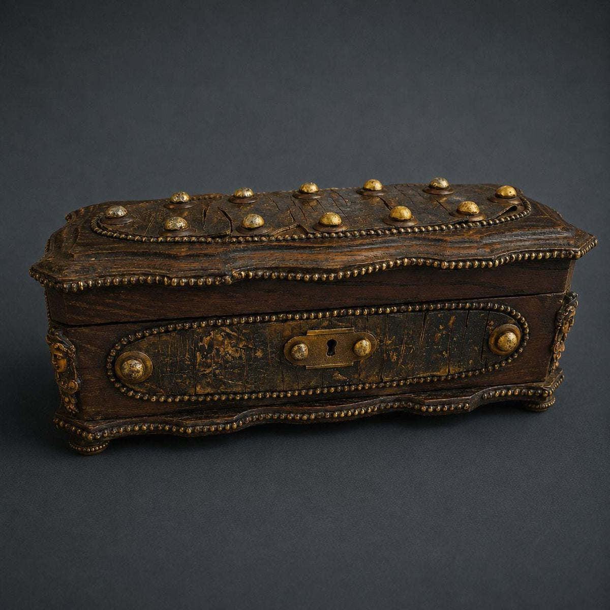 Antique 19th Century Neo-Renaissance Oak Casket, Studded Mottled Plaques and Gilt Caryatid Mask Mounts, Long Glove or Jewelry Box