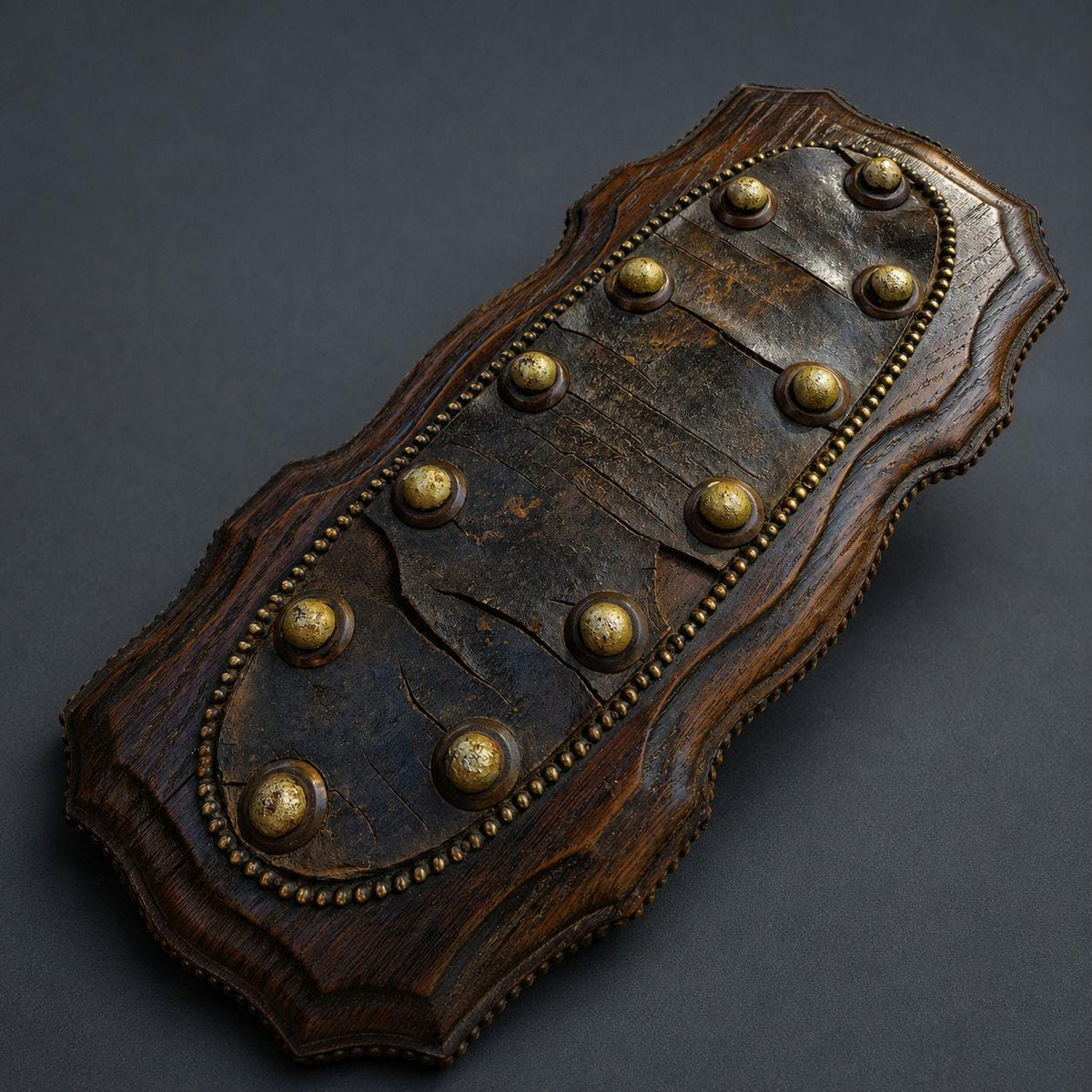 Antique 19th Century Neo-Renaissance Oak Casket, Studded Mottled Plaques and Gilt Caryatid Mask Mounts, Long Glove or Jewelry Box