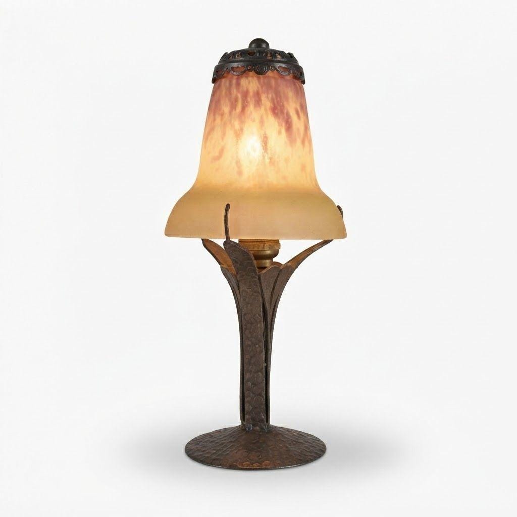 Vintage French Art Deco Wrought Iron Table Lamp with Mottled Yellow and Purple Art Glass Tulip Shade, Hammered Leaf Stem