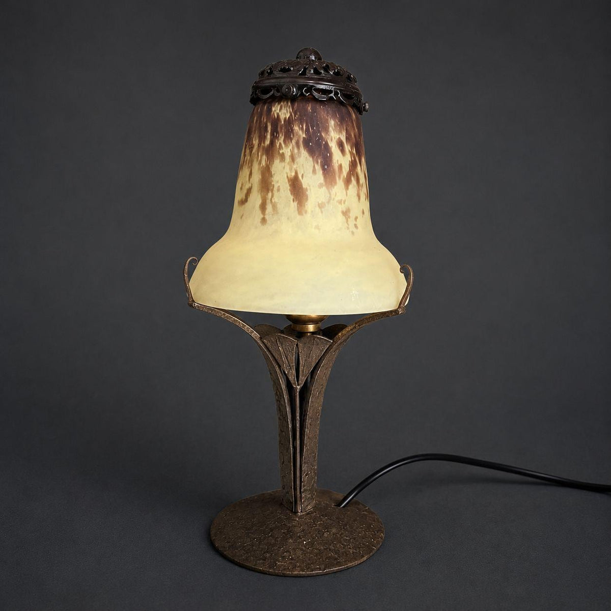 Vintage French Art Deco Wrought Iron Table Lamp with Mottled Yellow and Purple Art Glass Tulip Shade, Hammered Leaf Stem