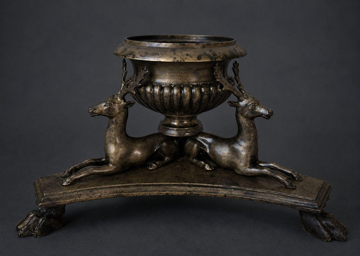 Antique 19th Century Bronze Grand Tour Inkwell with Three Reclining Stags, Gadrooned Urn on Triangular Base with Hoof Feet