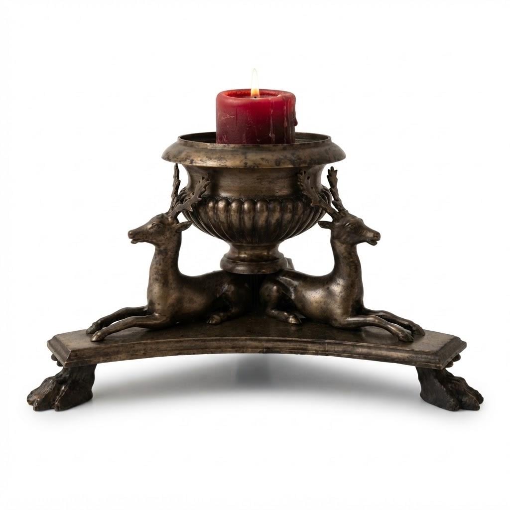 Antique 19th Century Bronze Grand Tour Inkwell with Three Reclining Stags, Gadrooned Urn on Triangular Base with Hoof Feet
