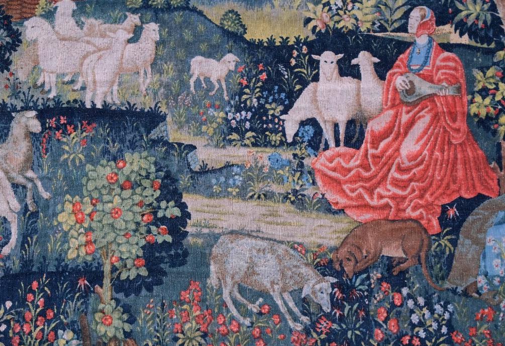 Vintage Robert Four Aubusson Silkscreen Tapestry Replica, Concert Champetre Medieval Lady with Lute and Sheep, 71 x 55 in