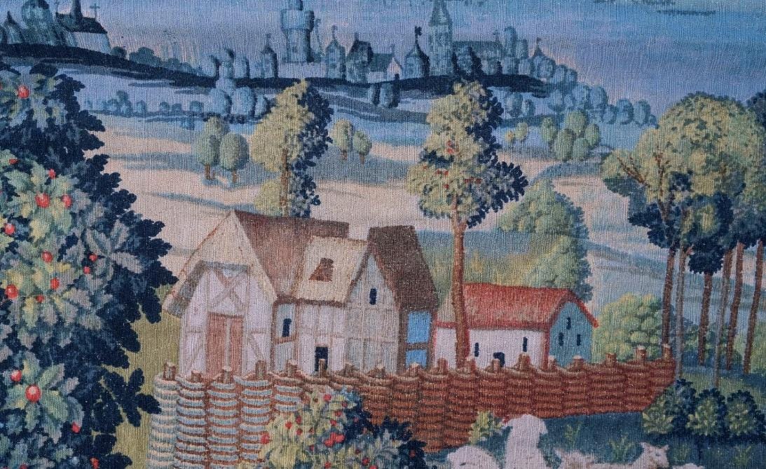 Vintage Robert Four Aubusson Silkscreen Tapestry Replica, Concert Champetre Medieval Lady with Lute and Sheep, 71 x 55 in