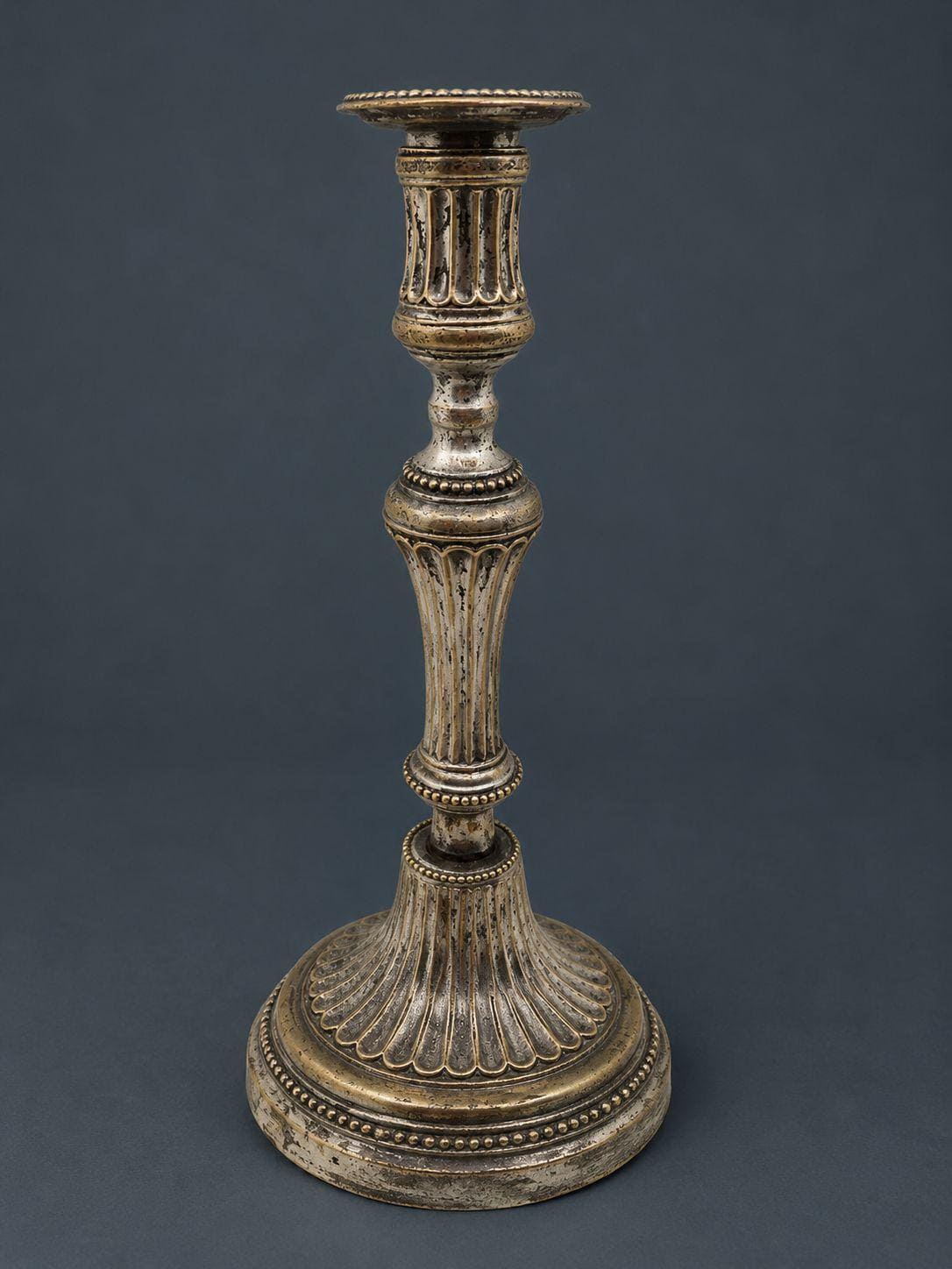 Pair of Antique 18th Century Louis XVI Silvered Bronze Candlesticks, Fluted Baluster Stems and Beaded Bands, Round Bases