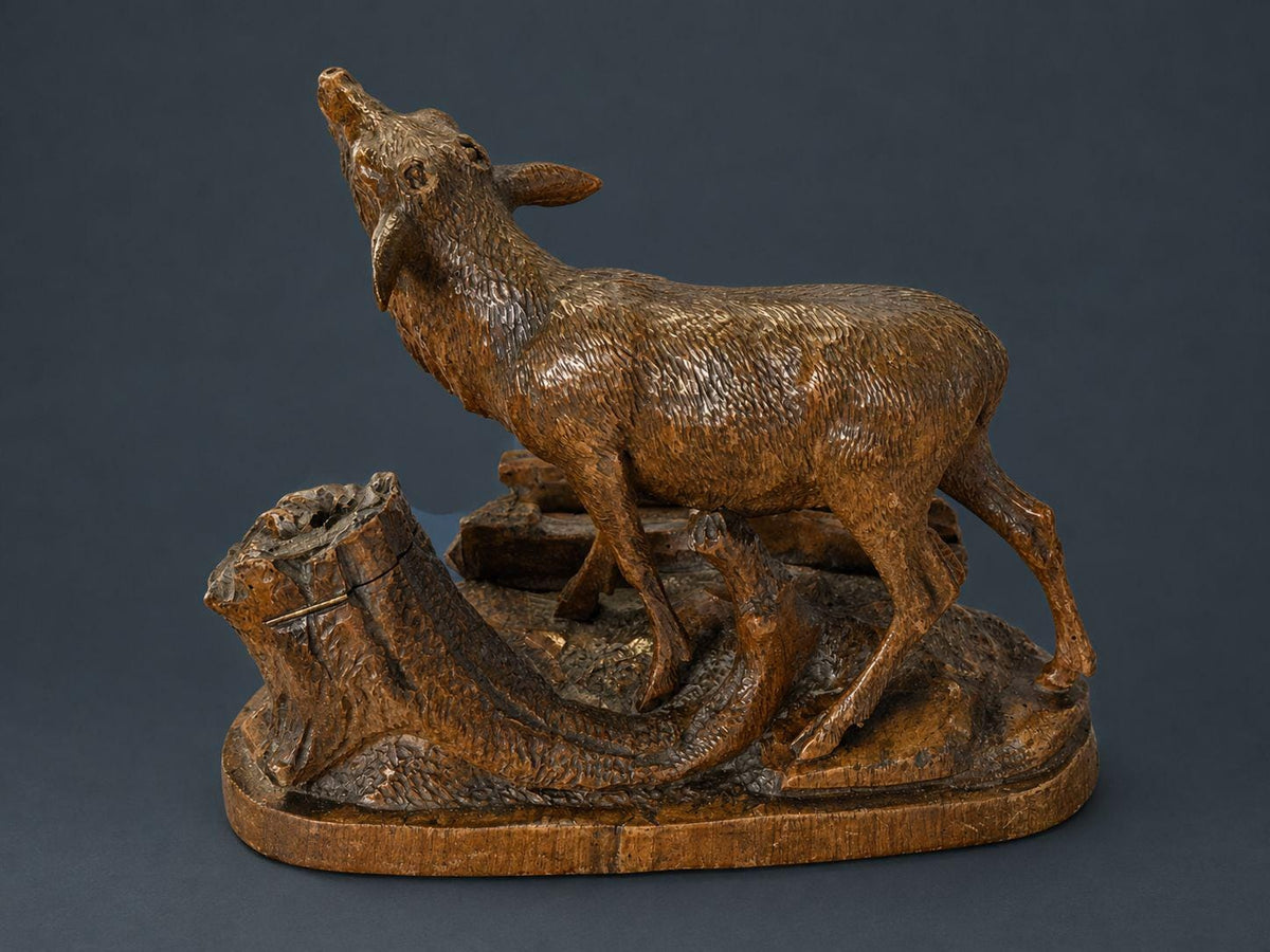 Antique 19th Century Black Forest Carved Wood Stag Desk Stand, Bellowing Deer with Pen Tray and Inkwell Stump, As Found