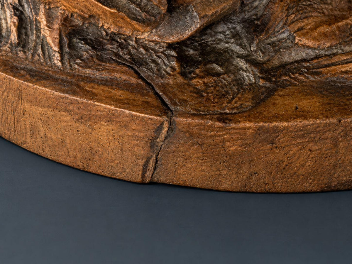 Antique 19th Century Black Forest Carved Wood Stag Desk Stand, Bellowing Deer with Pen Tray and Inkwell Stump, As Found