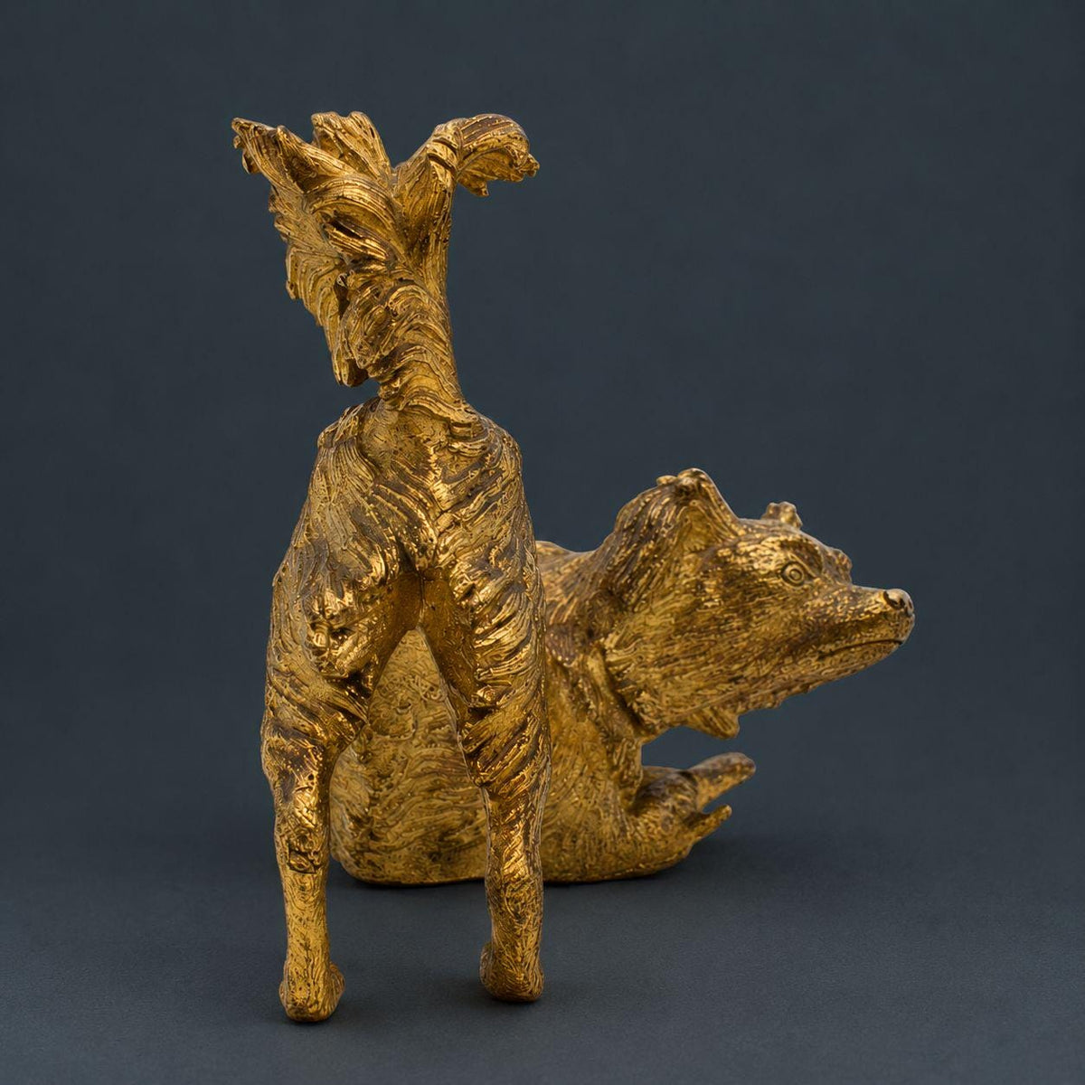 Vintage Susse Freres Gilt Bronze Dog Figurine, Playful Pekingese in Play Bow with Plumed Tail, Foundry Marked, French Desk Decor