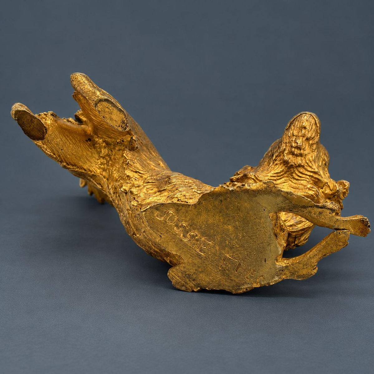 Vintage Susse Freres Gilt Bronze Dog Figurine, Playful Pekingese in Play Bow with Plumed Tail, Foundry Marked, French Desk Decor