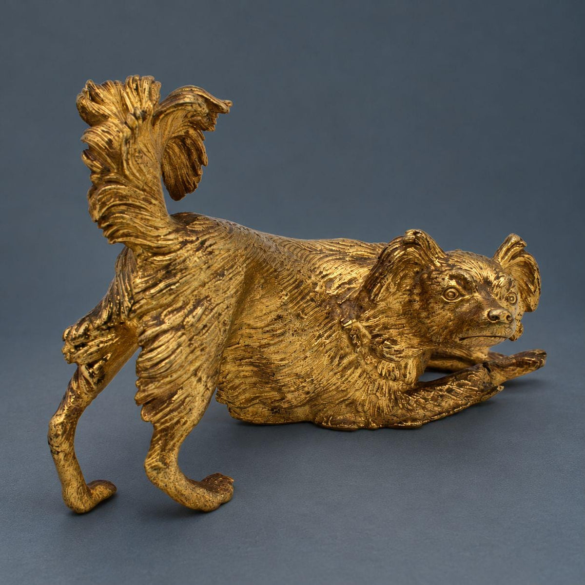 Vintage Susse Freres Gilt Bronze Dog Figurine, Playful Pekingese in Play Bow with Plumed Tail, Foundry Marked, French Desk Decor