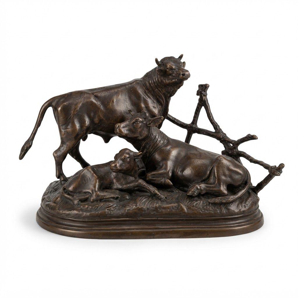 Vintage Bronze Bull, Cow and Calf Sculpture After Jules Moigniez, Signed Cast, Cattle Family by a Rustic Fence, Animalier Decor