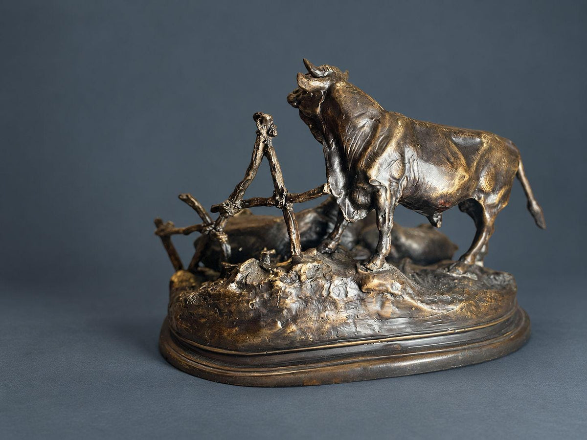 Vintage Bronze Bull, Cow and Calf Sculpture After Jules Moigniez, Signed Cast, Cattle Family by a Rustic Fence, Animalier Decor
