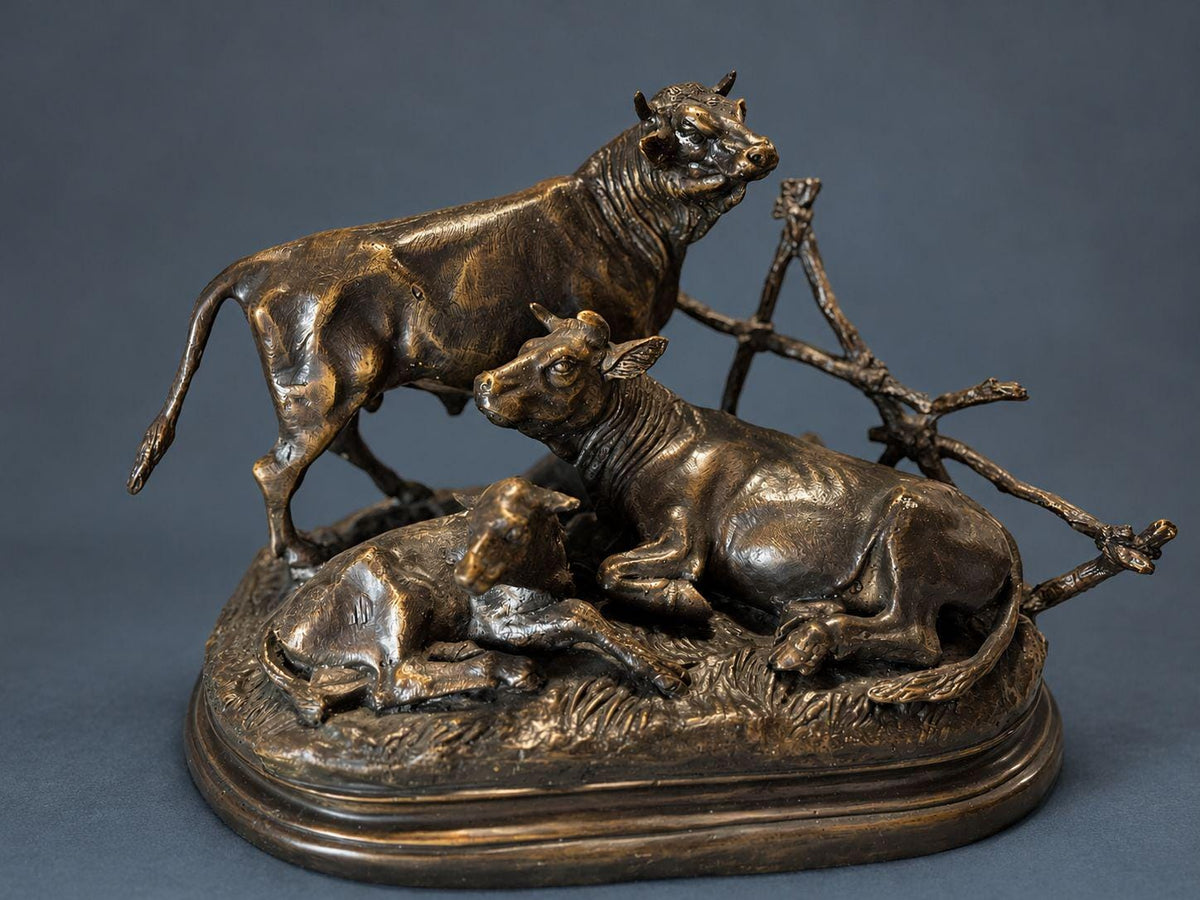 Vintage Bronze Bull, Cow and Calf Sculpture After Jules Moigniez, Signed Cast, Cattle Family by a Rustic Fence, Animalier Decor