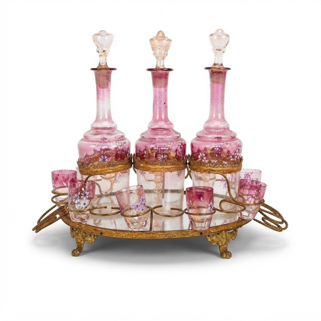 Antique Napoleon III Liqueur Set, Two Cranberry Enameled Glass Decanters and Cordial Glasses on Gilt Brass Mirrored Tray Stand