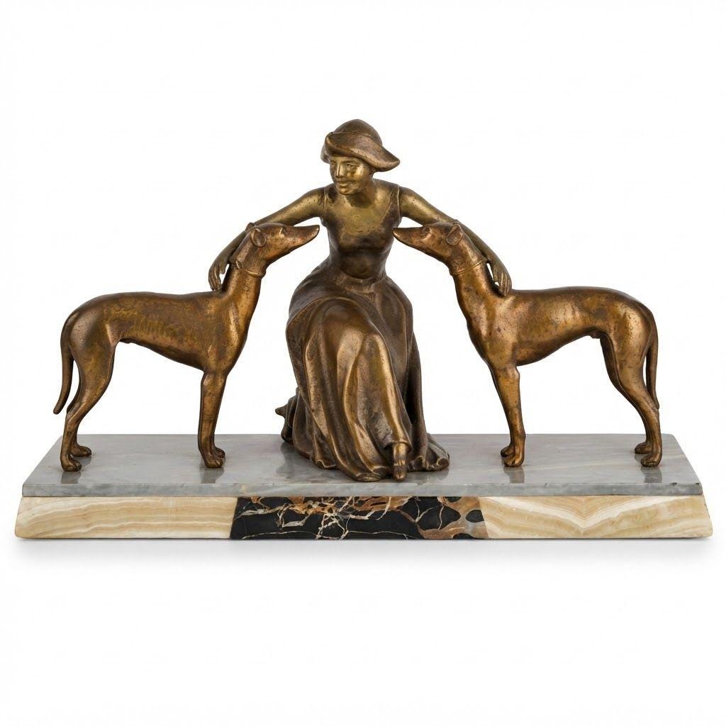 Vintage Art Deco Spelter Sculpture, Seated Young Woman Embracing Two Greyhounds, Marble and Onyx Base, 1930s Mantel Statue