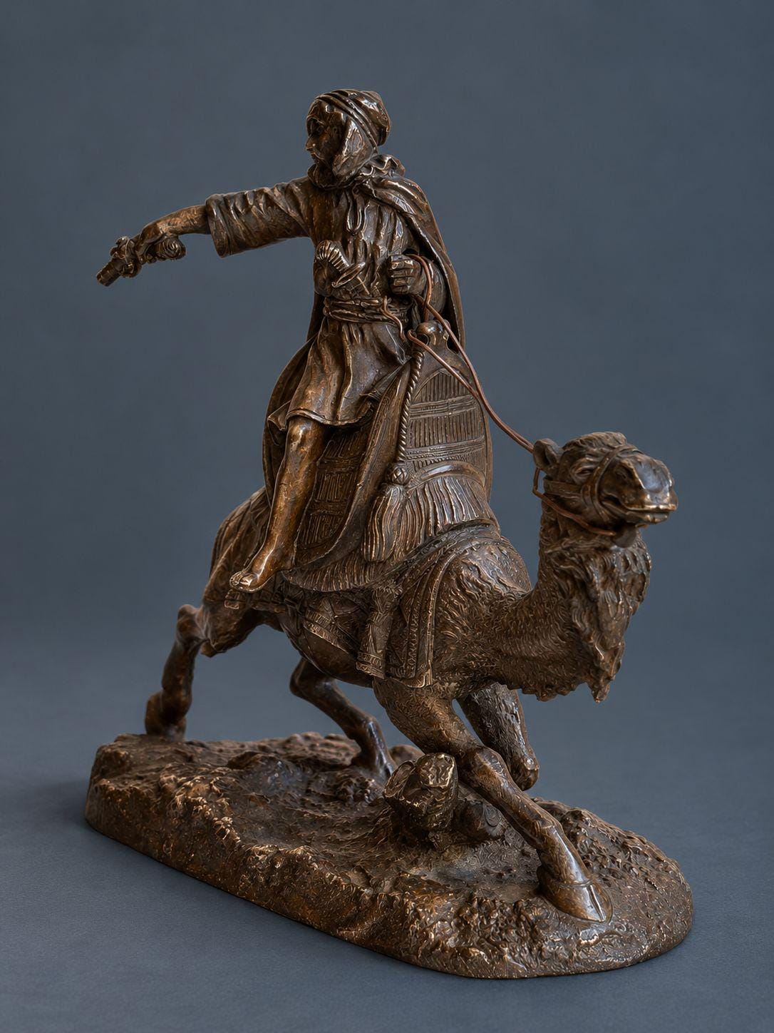 Antique Vienna Style Patinated Bronze Bedouin Rider on Camel, Orientalist Sculpture with Pistol and Wire Reins, circa 1900