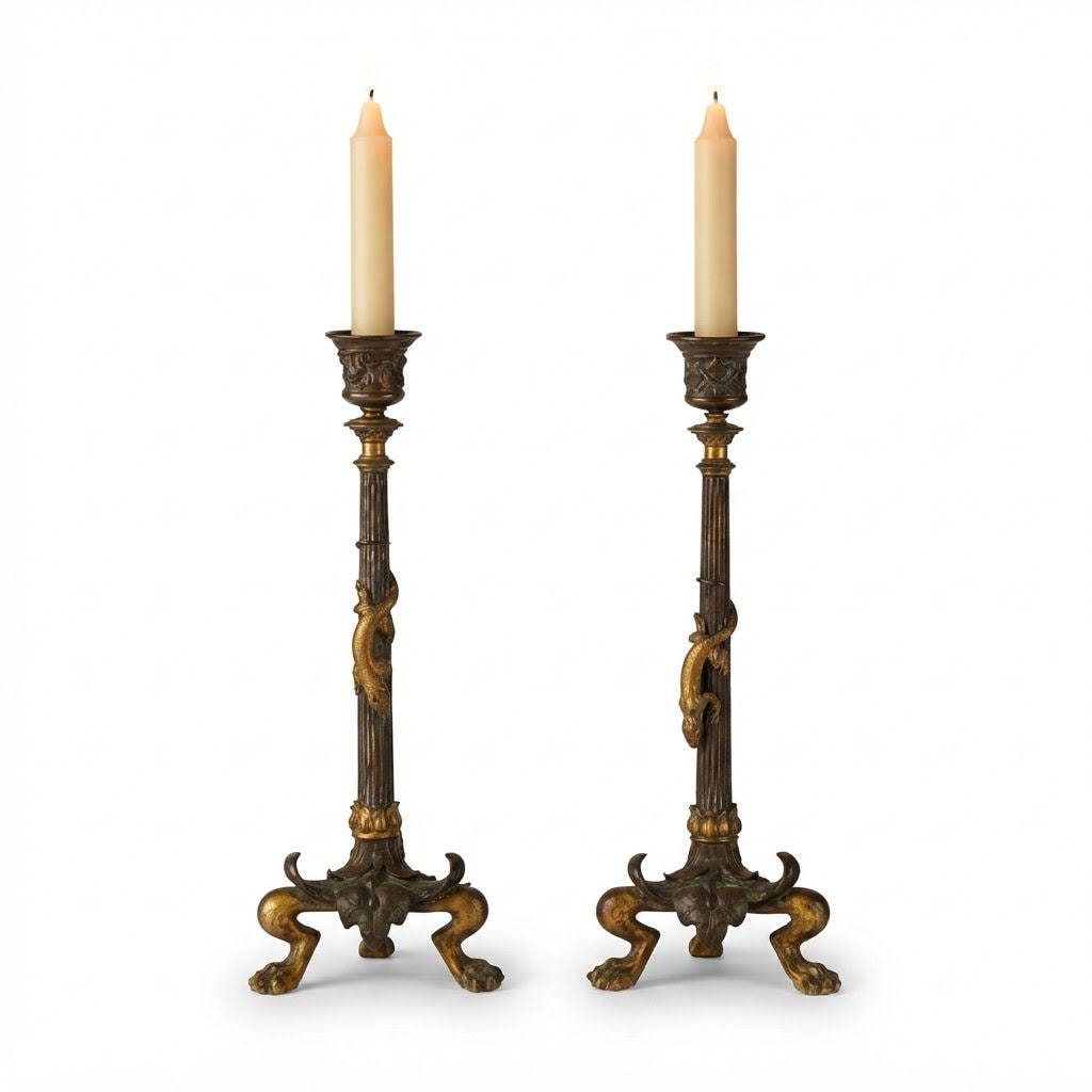 Pair of Antique Napoleon III Two-Tone Bronze Candlesticks with Climbing Lizards, Fluted Stems, Grape Vine Cups and Lion Paw Feet