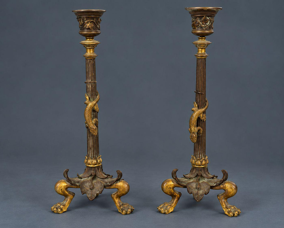 Pair of Antique Napoleon III Two-Tone Bronze Candlesticks with Climbing Lizards, Fluted Stems, Grape Vine Cups and Lion Paw Feet